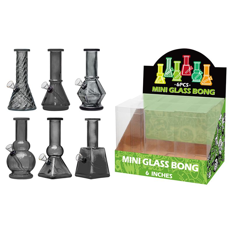 6″ 5MM Glass Bong, Assorted Designs- Colorful